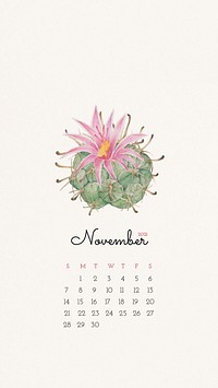 Calendar 2021 November printable with cute hand drawn cactus background