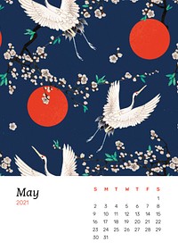 May 2021 calendar printable with Japanese crane and sakura artwork remix from original print by Watanabe Seitei