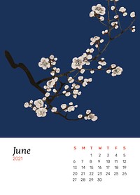 June 2021 calendar printable psd with Japanese plum blossom artwork remix from original print by Watanabe Seitei