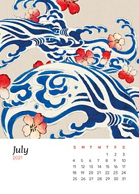 July 2021 calendar printable psd with Japanese wave with sakura remix artwork by Watanabe Seitei