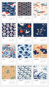 Yearly 2021 calendar printable psd Japanese design artwork remix from original print by Watanabe Seitei
