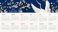 Yearly 2021 calendar printable psd with Japanese crane and sakura artwork remix from original print by Watanabe Seitei