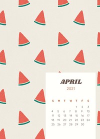 Calendar 2021 April printable psd template cute watermelon background