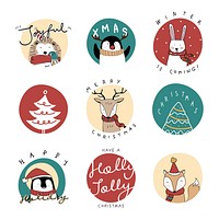 Christmas animal cartoon vector stickers illustration for kids set