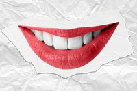 Smiling red lips psd with teeth closeup on ripped paper background