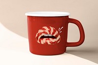 Red coffee mug mockup psd cute lollipop lips for Valentine’s day