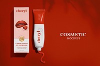 Red lipstick packaging mockup psd for cosmetic branding advertisement 