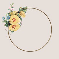 Beautiful hollyhock gold frame vector yellow flower vintage illustration