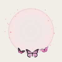 Butterfly monarch circle frame vector holographic pink aesthetic on beige background