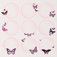 Cute butterfly circle frame psd aesthetic pink illustration for kids set