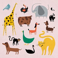 Flat illustration psd large set of cute domesticated animals