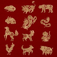 Chinese New Year animals psd gold animal zodiac sign stickers set