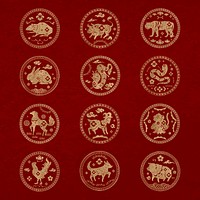 Chinese horoscope animals badges vector gold new year design element set