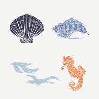Cute linocut vector underwater animals and birds set