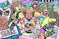 Colorful social media psd doodle illustration LGBTQ pride month campaign