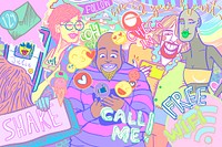 Colorful social media psd doodle illustration LGBTQ pride month campaign