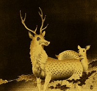 Ohara Koson deer woodblock print, vintage remixed art print in gold wall art decor