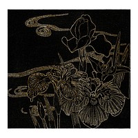 Irises flowers art illustration, vintage wall art print and poster in black and gold, remixed from the artwork of Kogyo Tsukioka