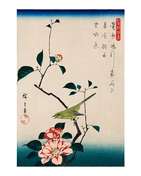 Utagawa Hiroshige bird perching woodblock print, vintage ukiyo-e illustration, Camellia and Nightingale vintage Japanese wall art decor
