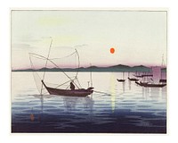 Ohara Koson poster, vintage Boats and setting sun wall decor (1900&ndash;1936). Original from The Rijksmuseum. Digitally enhanced by rawpixel.