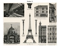 European Architecture art print (1894) a collection of iron made architectural designs, notably the Eiffel Tower. Digitally enhanced from our original plate.