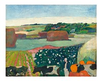 Paul Gauguin art print, printable Haystacks in Brittany painting (1890). Original from The National Gallery of Art. Digitally enhanced by rawpixel.