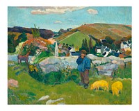 Paul Gauguin art print, printable The Swineherd painting (1888). Original from the Los Angeles County Museum of Art. Digitally enhanced by rawpixel.