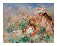 Auguste Renoir art print printable famous Girls in the Grass Arranging a Bouquet painting (1890). Original from Barnes Foundation. Digitally enhanced by rawpixel.