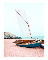 Aesthetic pastel beach art print poster, sailboat on pink sand wall decor