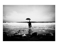 Moody aesthetic art print poster, man in ocean, monotone wall decor