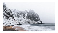 Aesthetic ocean wall art print poster, moody beach, Kvalvika beach on Lofoten Islands, Norway