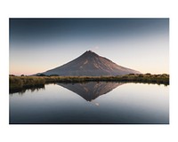 Mountain and lake art print poster, nature wall decor, Lake Dive and Mount Taranaki, New Zealand