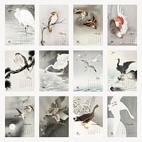 Bird 2022 monthly calendar template psd, vintage Japanese design set. Remix from vintage artworks by Ohara Koson