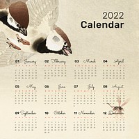 Bird 2022 monthly calendar, vintage painting. Remix from vintage artwork by Ohara Koson