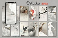 2022 monthly calendar template, vintage Japanese birds, iPhone wallpaper vector set. Remix from vintage artwork by Ohara Koson.
