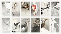 2022 monthly calendar template, vintage Japanese birds, iPhone wallpaper vector set. Remix from vintage artwork by Ohara Koson.