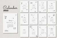 Cute 2022 monthly calendar template psd, doodle illustrations set