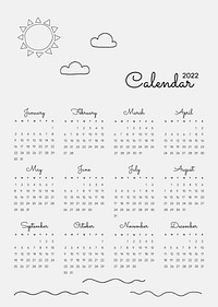 Cute 2022 monthly calendar, minimal doodle illustration