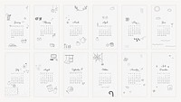 Cute 2022 monthly calendar template, doodle illustration iPhone wallpaper vector set