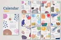 2022 monthly calendar template, floral memphis design psd set