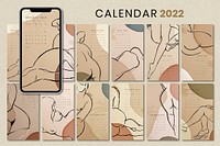 Aesthetic 2022 monthly calendar template, woman's body iPhone wallpaper vector set