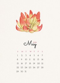Cactus May 2022 monthly calendar, printable planner, watercolor illustration