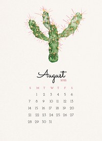 Cactus 2022 August calendar template, monthly planner editable vector