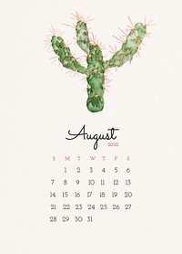 Cactus 2022 August calendar template, monthly planner printable psd