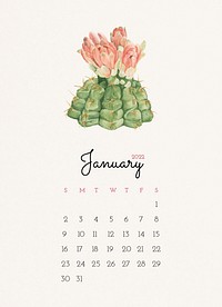Cactus January 2022 calendar template, editable monthly planner vector