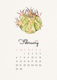 Cactus February 2022 calendar template, editable monthly planner psd
