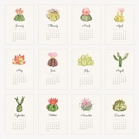 Botanical 2022 monthly calendar template, cactus illustration vector set