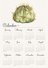 Cactus 2022 monthly calendar template psd, botanical watercolor illustration