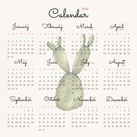 Cactus 2022 monthly calendar template, watercolor illustration vector