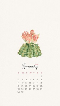 Cactus January 2022 calendar, phone wallpaper, monthly planner